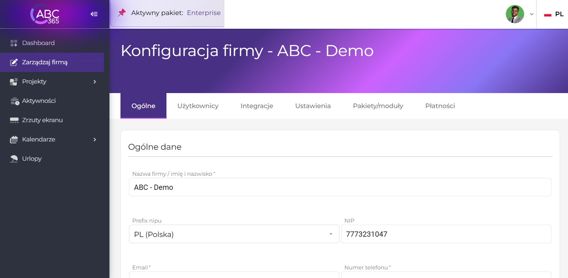 Panel konfiguracji firmy w systemie ABC365 pokazujący ogólne dane, takie jak nazwa firmy ABC – Demo, prefiks NIP oraz numer NIP. Po lewej widoczne jest menu nawigacyjne.