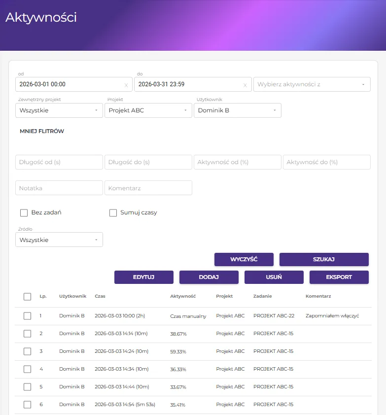 Time Tracker Aktywności – lista logów czasu w abc365 z filtrowaniem i podsumowaniem.