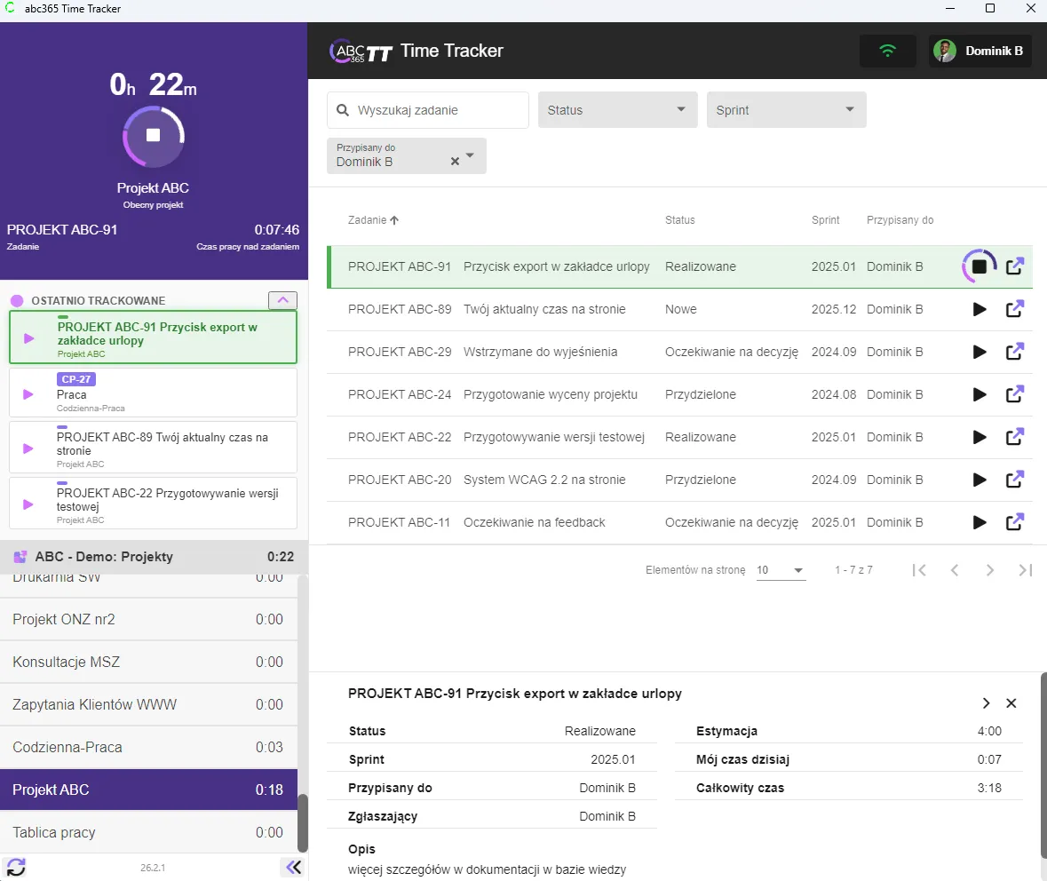 Time Tracker online – widok aplikacji desktopowej abc365 z włączonym stoperem, listą zadań i postępem pracy nad ticketem.