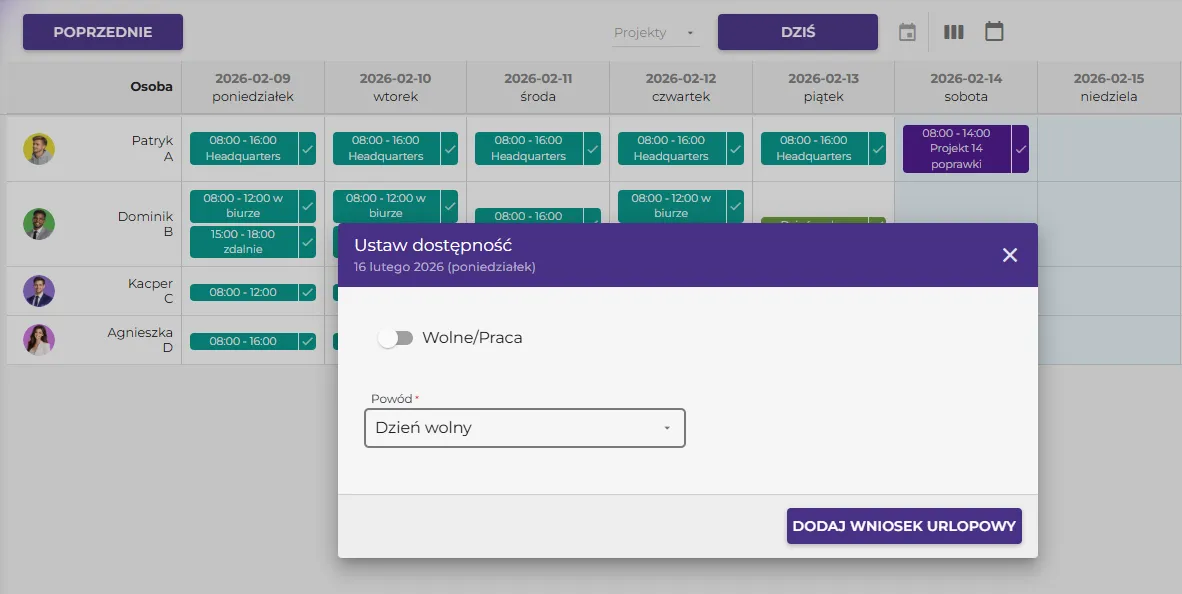 Wnioski urlopowe online i tablica dostępności w systemie abc365. Widok formularza i kalendarza zespołu.