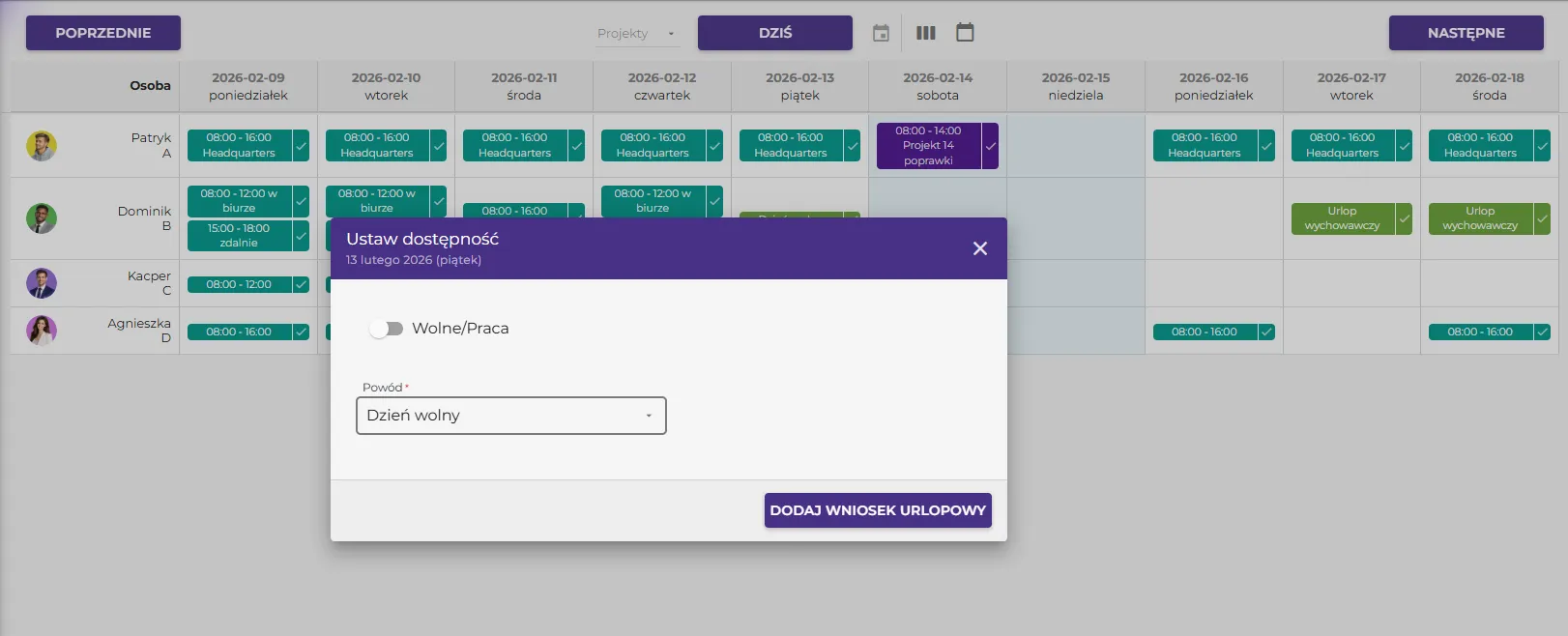 Wnioski urlopowe online – widok formularza dodawania nowego wniosku w systemie abc365.