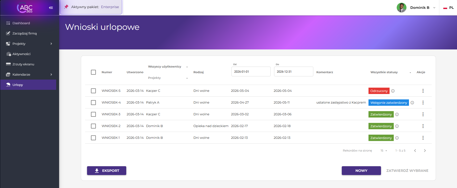 Wnioski urlopowe online przegląd. Lista wniosków urlopowych w systemie ABC365.