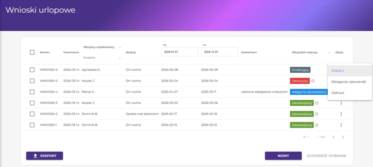 Wnioski urlopowe jak działa proces w systemie ABC365 z widocznymi statusami.