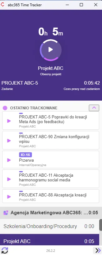 Widok ostatnich zadań i rejestracji czasu pracy timetracker w ABC365