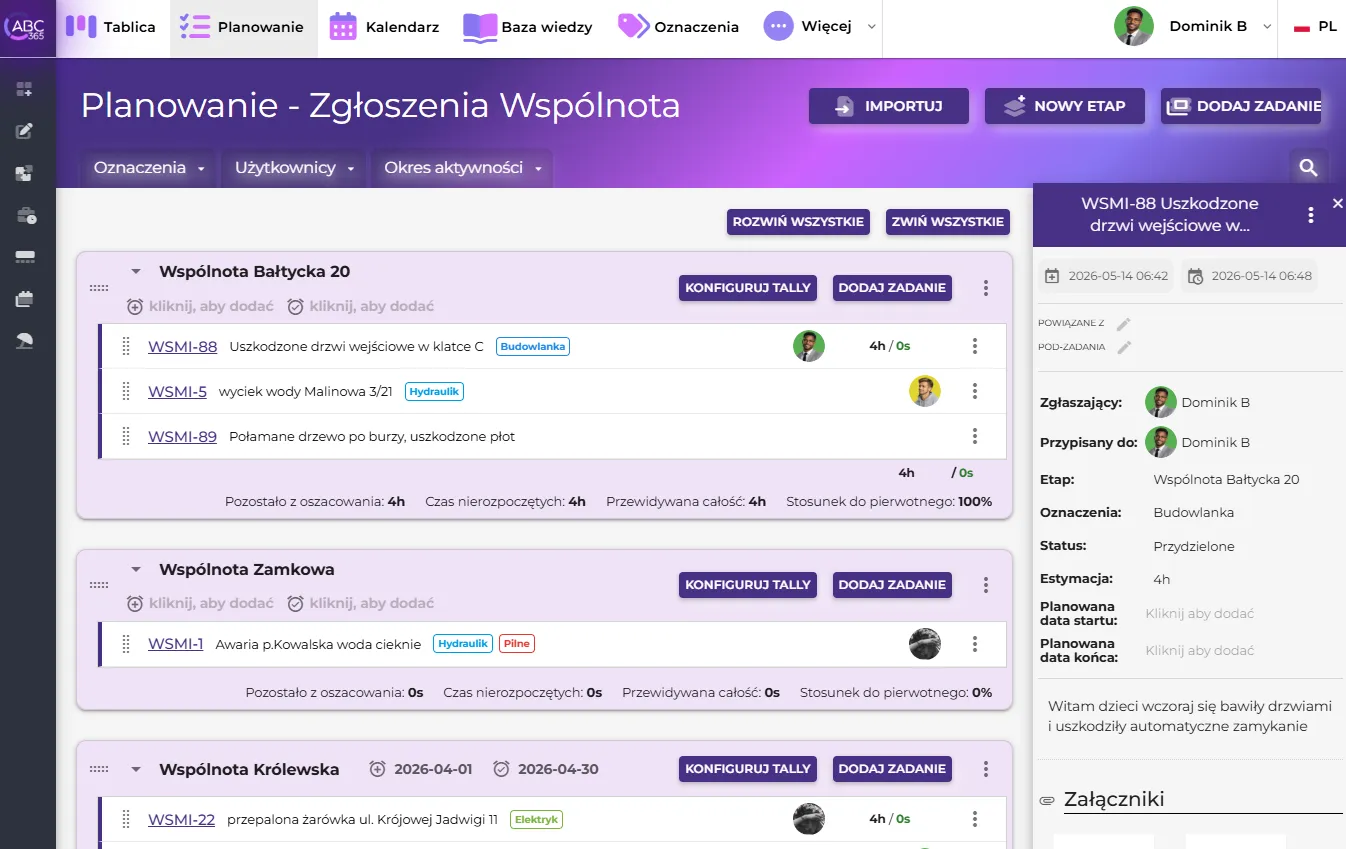 ABC365 dla wspólnot mieszkaniowych - widok listy zgłoszeń, terminów i odpowiedzialnych