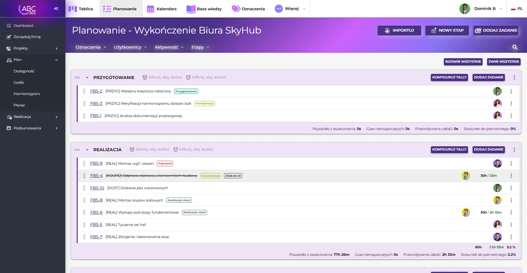 Planowanie prac i etapów Wykończenia Biura SkyHub w ABC365